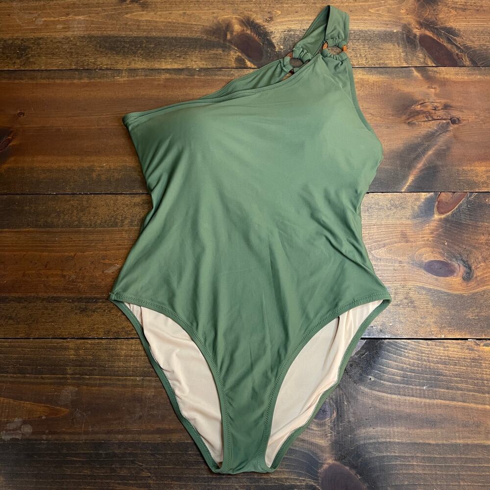J. Crew One-shoulder swimsuit tortoise ring One Piece Olive Green Women's 16